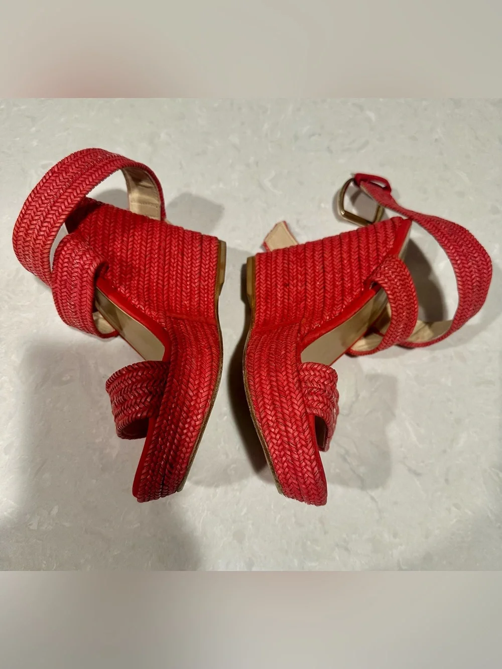 Stuart Weitzman Encore raffia espadrille wedges,woven texture gold-tone buckle